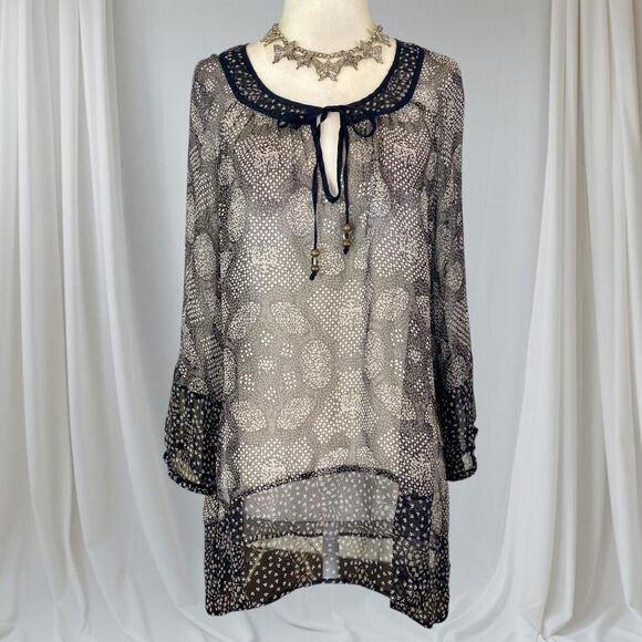 Ella Moss Whimsygoth Boho Black White Sheer Long 100% Silk Tunic Blouse S - Picture 1 of 8